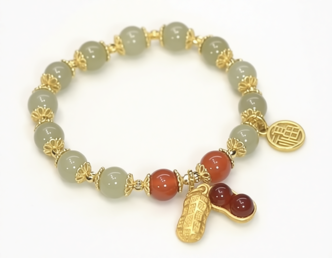 JADE PROS - Jade, Red PEANUT Jasper, & Gold Bracelet JP2025-201-03
