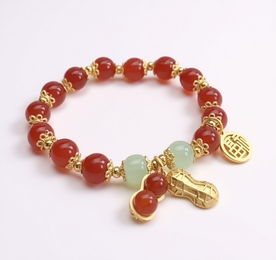 JADE PROS - Jade, Red PEANUT Jasper, & Gold Bracelet JP2025-201-01